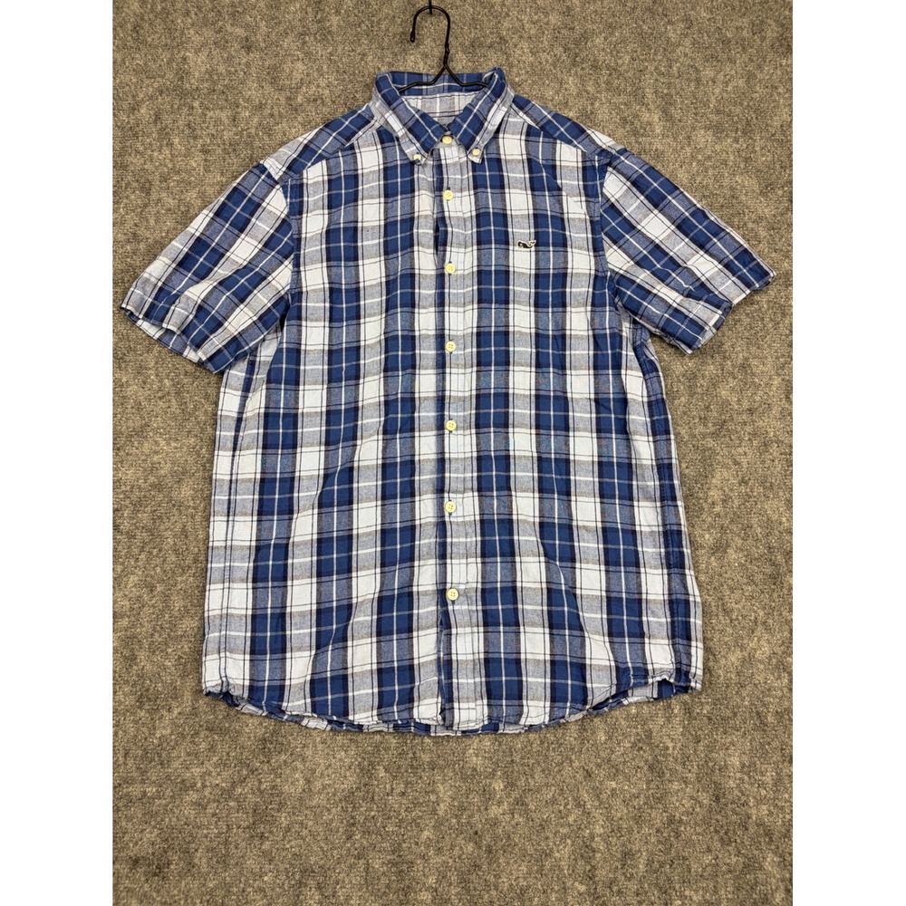 Vineyard Vines Mens Small Blue Plaid Cotton Linen Short Sleeve Button Down Shirt